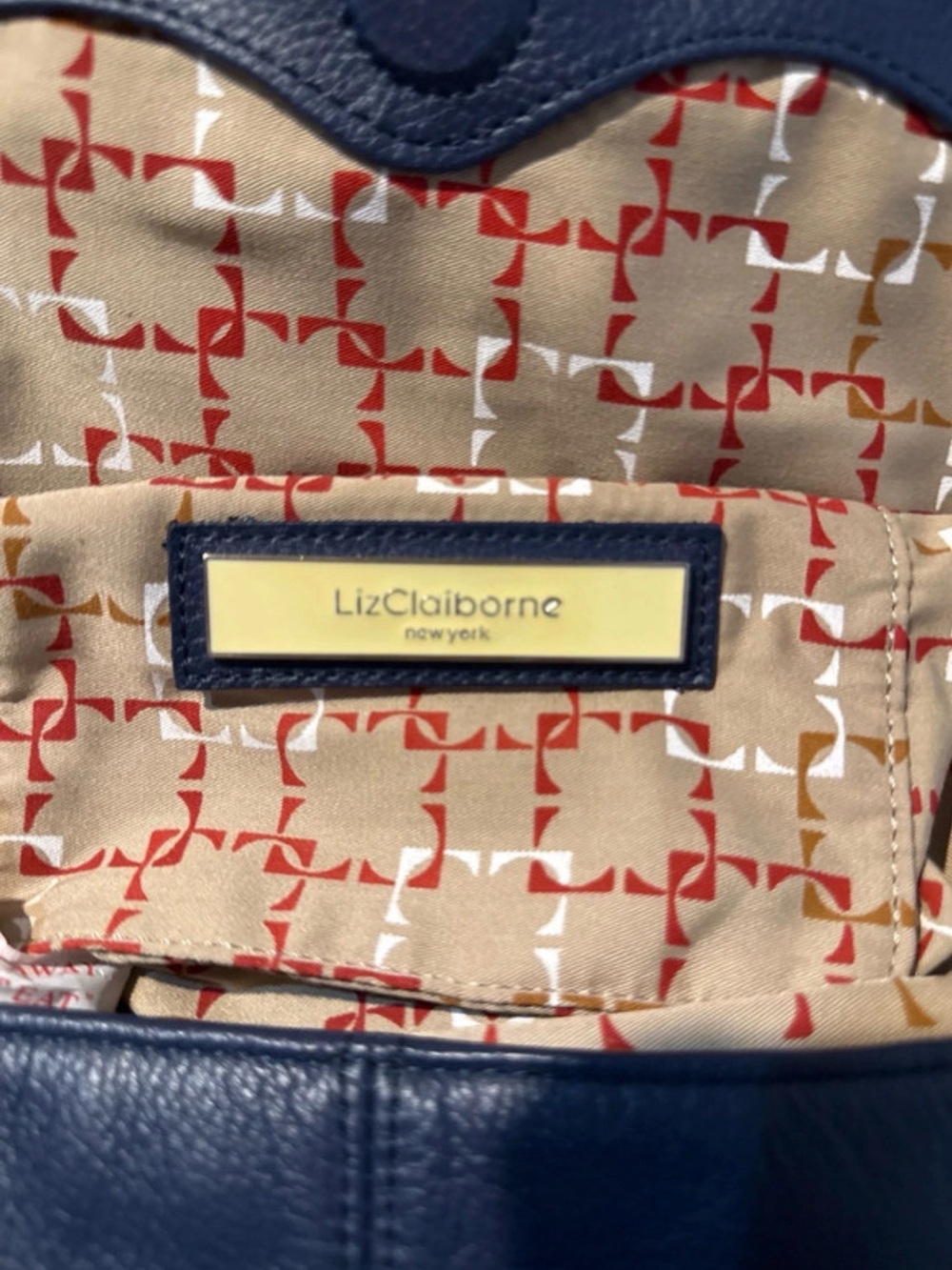 Liz Claiborne Navy Leather Tote with Monogram Beige Lining